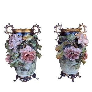 Pair Of Majolica Vases With Floral Decoration