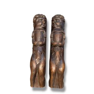 Pair Of Anthropomorphic Wooden Elements, 18th Century