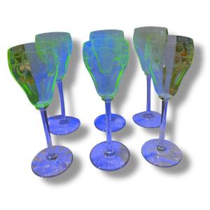 Set Of Six Engraved Uranium Glasses