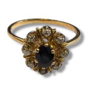 Daisy Pompadour Ring In Gold, Diamonds, And Sapphire