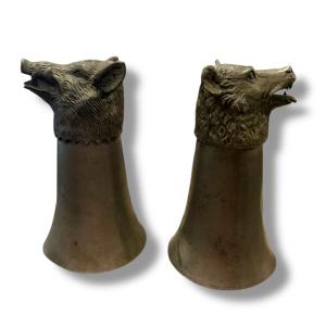 Pair Of Pewter Stirrup Cups, Bear And Boar Design
