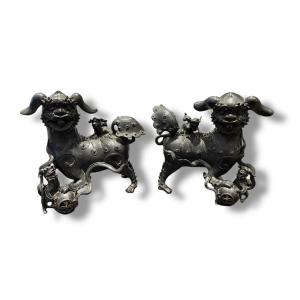 Pair Of Bronze Foo Dogs, China, Late 18th Century
