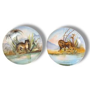 Pair Of Large Porcelain Platters, Lion And Tiger