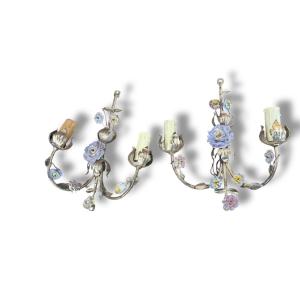 Pair Of Flower Wall Sconces In Slipware And Metal