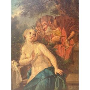 Susanna At Her Bath, Oil On Panel, 19th Century