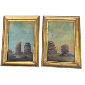 French School, 19th Century. Rocks By The Sea, Pair Of Oil Paintings On Panel. Roy