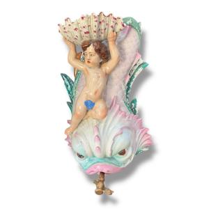 Faience Fountain By Vieillard Bordeaux With Putti And Dolphin