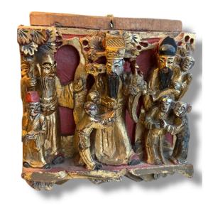 Gilded Polychrome Wood Bas-relief, Antique, 19th Century