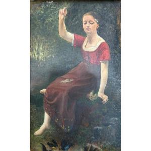 Young Girl With Birds Oil On Panel 19th Century