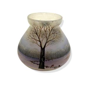 Enamelled And Painted Glass Vase Snowy Landscape