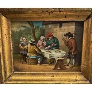 Dutch School Banquet Scene Oil On Zinc 19th Century