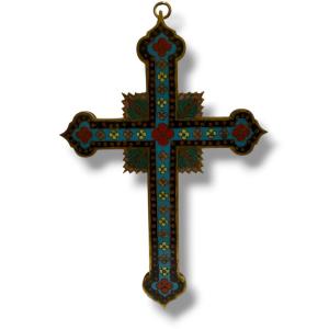 Cross Crucifix In Cloisonné Enamel Canton 19th Century