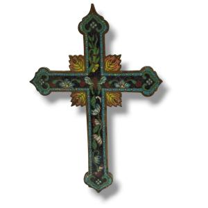 Cross Crucifix In Butterfly Cloisonné Enamel Canton 19th Century