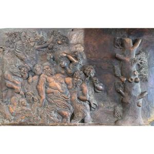 Large Bacchanalia: 18th-century Carved Wooden Panel With Bas-relief