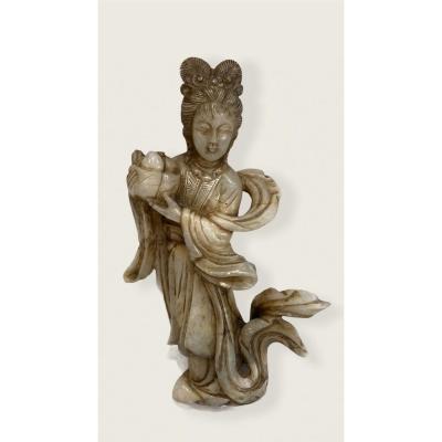 Important Sujet Chinois Guanyin En Jade Nephrite Blanc 
