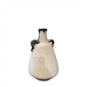 Vase Pansu  En Céramique Craquelée Blanche Art Deco Circa 1930