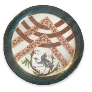 Large Decorative Porcelain Dish Green And Gold Background With Heron Pattern And Geometric Shapes