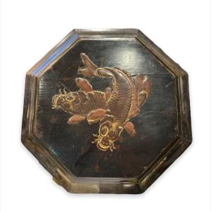 Octagonal Chinese Tea Box With Compartments In Black Lacquered Wood