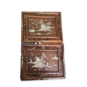 Pair Of Indochinese Panels In Wood And Mother Of Pearl