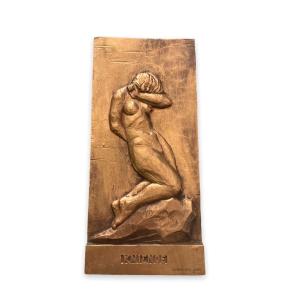 Bas Relief In Gilded Wood "kniende" By Jean Lensalade