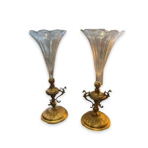 Pair Of Cornet Vase In Bronze And Crystal
