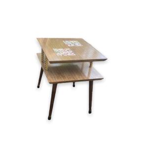 Midcentury Two Tier Wood And Ceramic Table