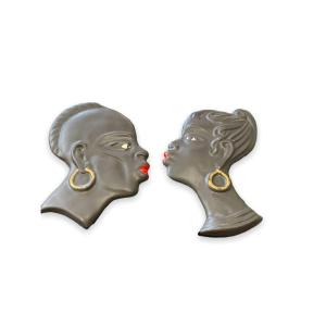 Pair Of African Heads In Vallauris Ceramics