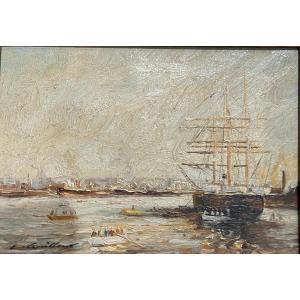 Oil On Canvas "boats In Port" Signed E. Guilleux