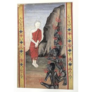 Monk Phra Malai Preaching To The Damned In Hell - Two 19th Century Gouaches - Thailand