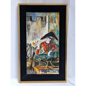 Harlequin - Ceramic Relief Painted By Youen, Ceramist In Quimper Circa 1960
