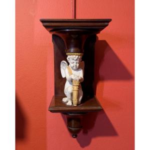 Cupid Wall Sconce/console - Biscuit Porcelain And Walnut Wood - English Work? Circa 1880