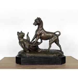 Cat And Dog - Bronze Circa 1860-80