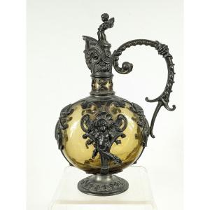 Small Neo-renaissance Ewer - Pewter - Blown Glass - 19th Century.
