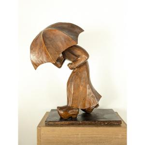 Breton Woman With Umbrella - Sculpture 1930-50 