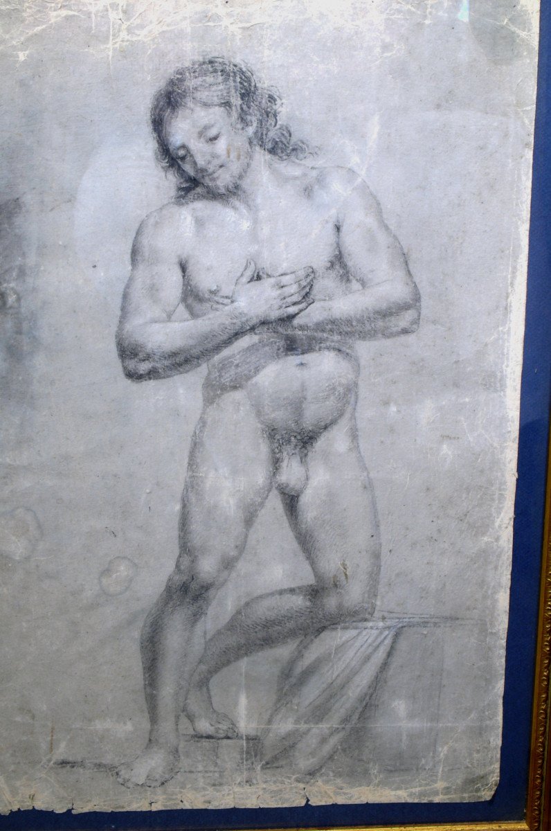 Bel disegno rinascimentale 'uomo nudo inginocchiato'