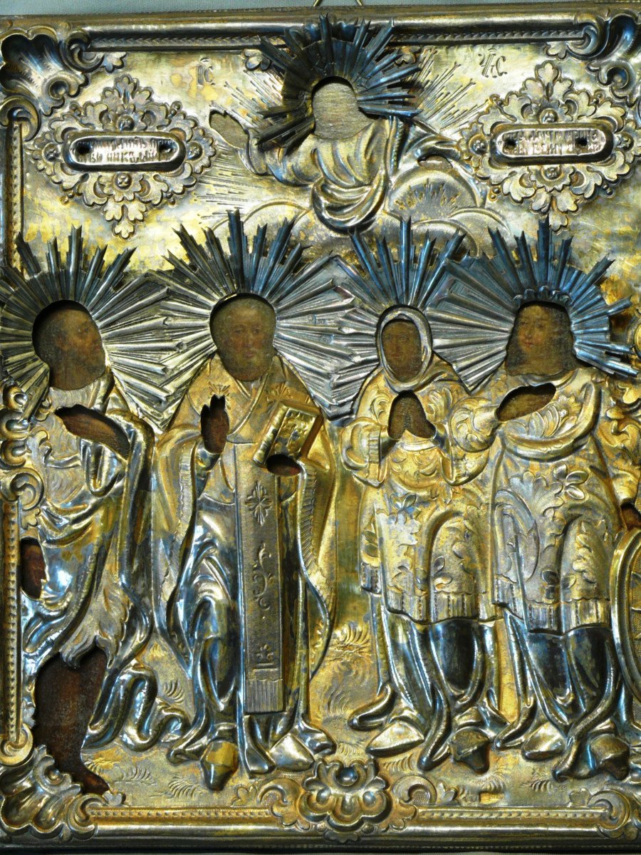 Rara icona russa XIX° secolo  'Cristo e quattro santi' con splendida riza in argento vermeille-photo-2