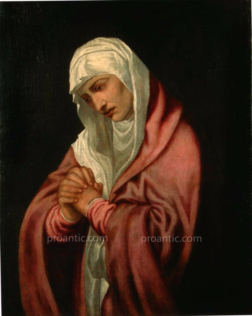 Dipinto ad olio su tela 'Madonna Addolorata', modello di Tiziano, attribuita a Lambert Sustris 