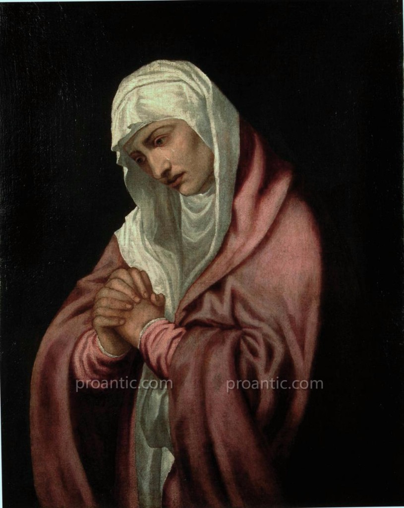 Dipinto ad olio su tela 'Madonna Addolorata', modello di Tiziano, attribuita a Lambert Sustris -photo-2