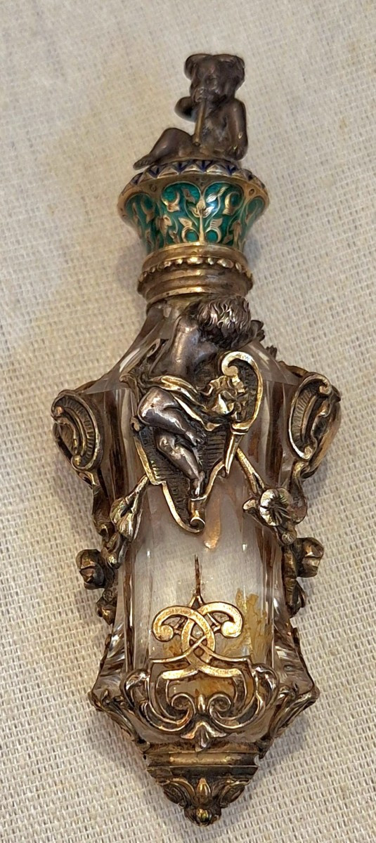 FLACONE PORTA PROFUMO IN ARGENTO, SMALTI, CRISTALLO