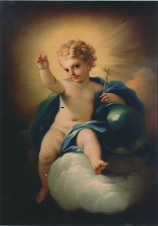 Dipinto ad olio su tela 'Gesù Bambino benedicente' .  Francesco Solimena
