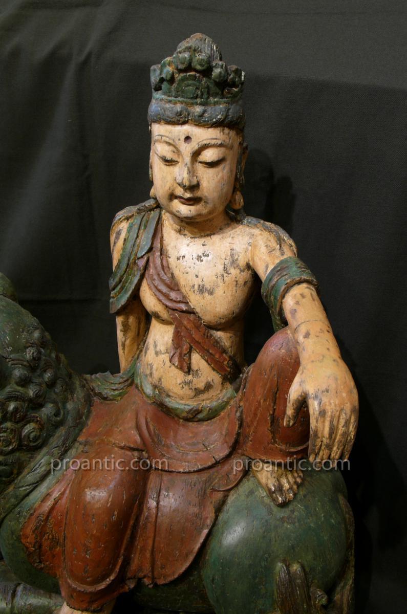 Bouddha (Bodhisattva) Avalokitesvara sur le lion sacré. Chine 17eme-photo-3