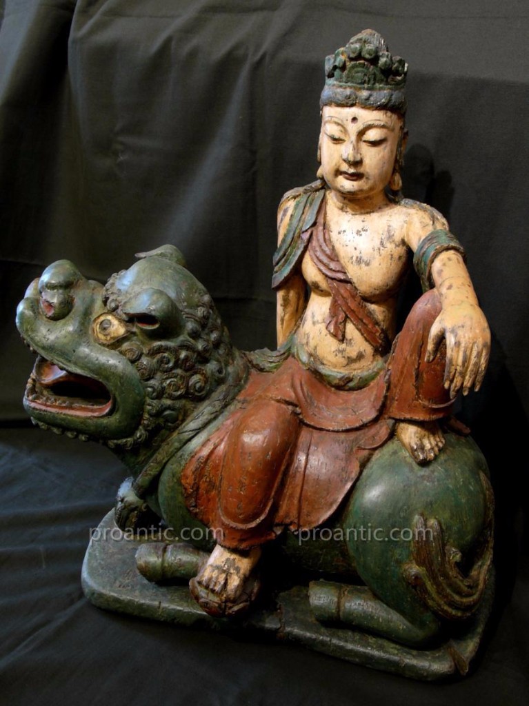 Bouddha (Bodhisattva) Avalokitesvara sur le lion sacré. Chine 17eme-photo-4