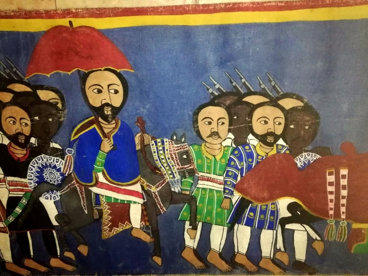 Ancienne  Peinture  Ethiope Sur Toile 'scene Avec l'Empereur'-photo-2