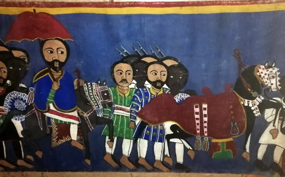 Ancienne  Peinture  Ethiope Sur Toile 'scene Avec l'Empereur'