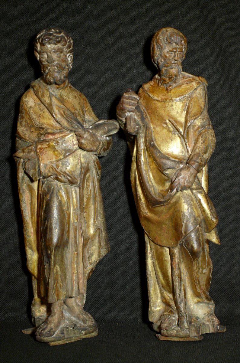 BELLA COPPIA DI SCULTURE LIEGNEE DORATE ' EVANGELISTI'. XVI SECOLO AMBITO DEL SANSOVINO.