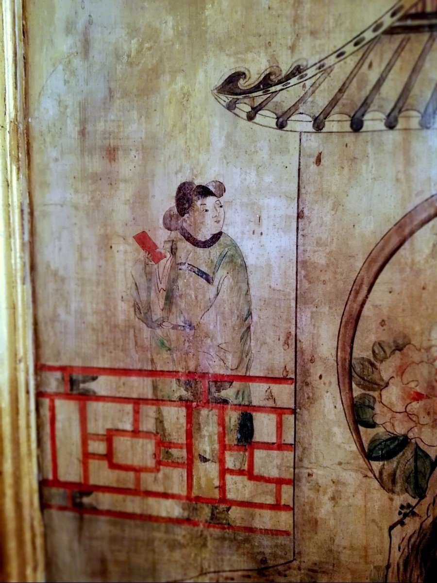 Une Rare Paire d'Elements De Boiserie En Bois Peint Avec Scenes De Chinoiserie. Italie, XVIII° -photo-4