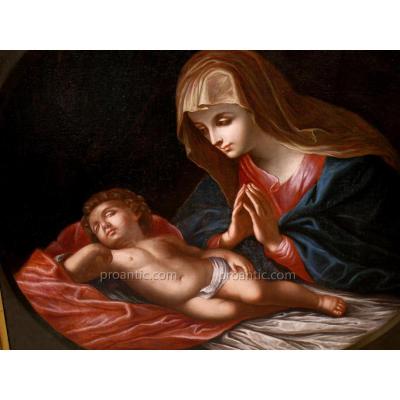 Peinture A l'Huile Sur Toile 'vierge Avec l'Enfant' (Guido Reni)