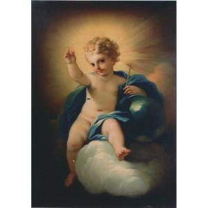 Dipinto ad olio su tela 'Gesù Bambino benedicente' . Francesco Solimena