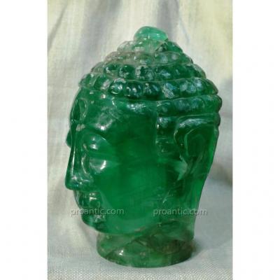 Rare, Grande  Tete De Bouddha Sculptee En Fluorite