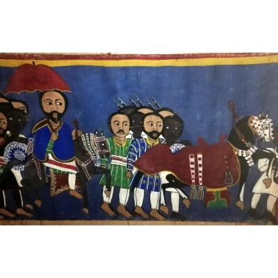 Ancienne  Peinture  Ethiope Sur Toile 'scene Avec l'Empereur'